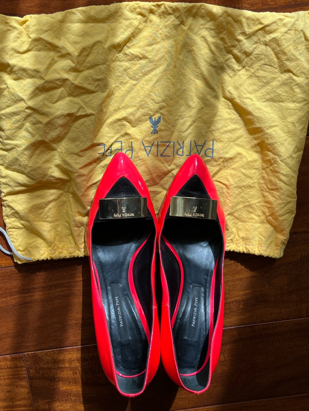 Patrizia Pepe Neon Red Patent Pointed Toe heels with Gold Plaque